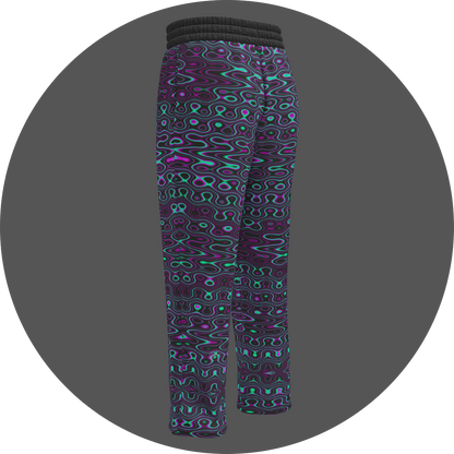 UN4RT liquification all-over-print jogging pants back left view – black sweatpants with flowing neon turquoise and magenta liquid wave print, elasticated waistband, straight leg cut.
