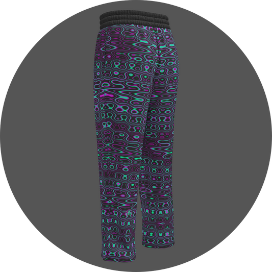 UN4RT liquification all-over-print jogging pants back left view – black sweatpants with flowing neon turquoise and magenta liquid wave print, elasticated waistband, straight leg cut.