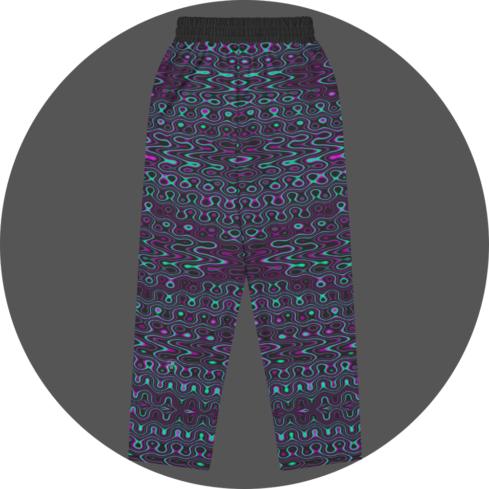 UN4RT liquification all-over-print jogging pants back flat – black sweatpants with symmetrical psychedelic neon turquoise and magenta liquid flow pattern, small UN4RT logo visible at lower leg, elasticated waistband.
