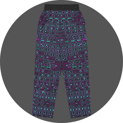 UN4RT liquification all-over-print jogging pants back flat – black sweatpants with symmetrical psychedelic neon turquoise and magenta liquid flow pattern, small UN4RT logo visible at lower leg, elasticated waistband.