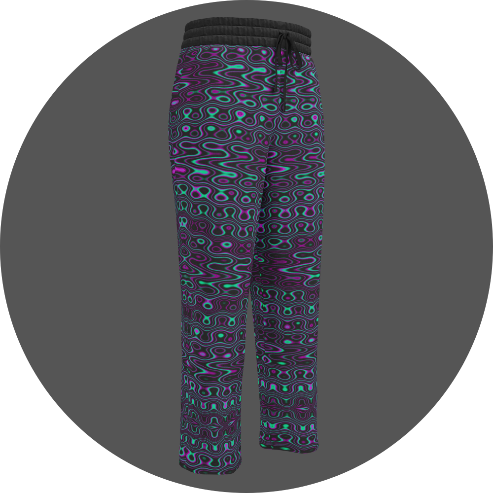 UN4RT liquification all-over-print jogging pants front right view – black sweatpants with psychedelic neon turquoise and magenta liquid wave pattern, elasticated drawstring waistband, straight leg cut.