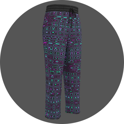 UN4RT liquification all-over-print jogging pants front right view – black sweatpants with psychedelic neon turquoise and magenta liquid wave pattern, elasticated drawstring waistband, straight leg cut.