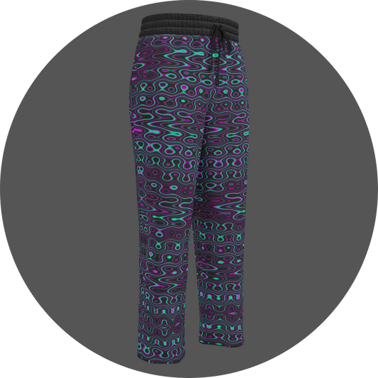UN4RT liquification all-over-print jogging pants front right view – black sweatpants with psychedelic neon turquoise and magenta liquid wave pattern, elasticated drawstring waistband, straight leg cut.