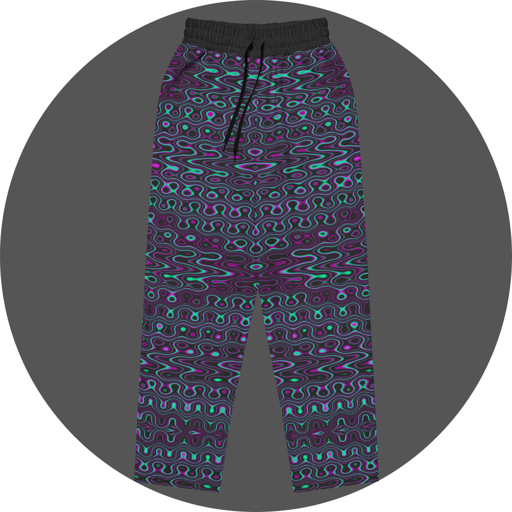 UN4RT liquification all-over-print jogging pants front flat – black sweatpants with symmetrical psychedelic pattern of flowing neon turquoise and magenta liquid curves, organic shapes and glowing orbs, elasticated drawstring waistband.