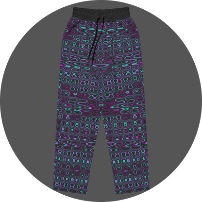 UN4RT liquification all-over-print jogging pants front flat – black sweatpants with symmetrical psychedelic pattern of flowing neon turquoise and magenta liquid curves, organic shapes and glowing orbs, elasticated drawstring waistband.