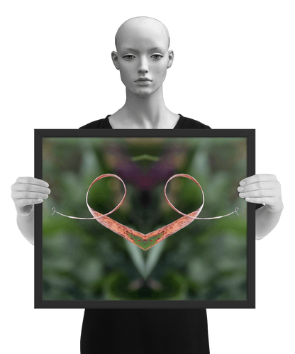 un4rt - the photographie is doubled and then mirrored to create the final image. the image shows a dried blade of grass that has curled up twice. the background is blurry and colored in various tones of green and a bit of purple. the image is framed and presented by a mannequin in black and white.
