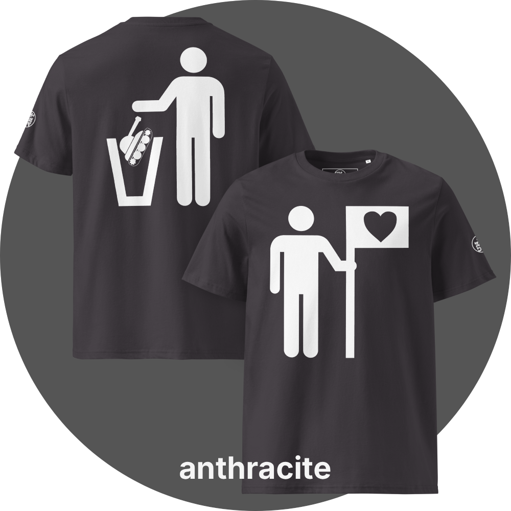 UN4RT anthracite organic cotton t-shirt shown from the front and back, front features a large white pictogram of a person holding a flag with a black heart on a white background, back features a large white pictogram of a person dropping a military tank into a white trash can, small circular UN4RT logo visible on both left sleeves.