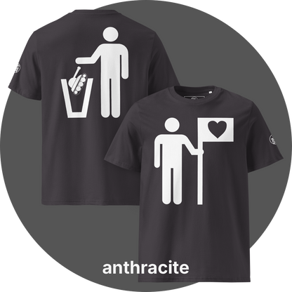 UN4RT anthracite organic cotton t-shirt shown from the front and back, front features a large white pictogram of a person holding a flag with a black heart on a white background, back features a large white pictogram of a person dropping a military tank into a white trash can, small circular UN4RT logo visible on both left sleeves.