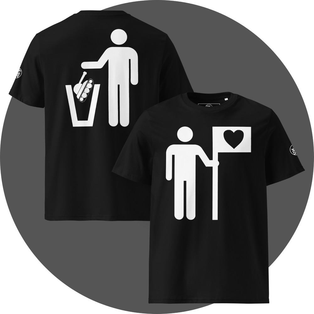 UN4RT black organic cotton t-shirt shown from the front and back, front features a large white pictogram of a person holding a flag with a black heart on a white background, back features a large white pictogram of a person dropping a military tank into a white trash can, small circular brand logo visible on both left sleeves.