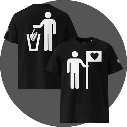 UN4RT black organic cotton t-shirt shown from the front and back, front features a large white pictogram of a person holding a flag with a black heart on a white background, back features a large white pictogram of a person dropping a military tank into a white trash can, small circular brand logo visible on both left sleeves.