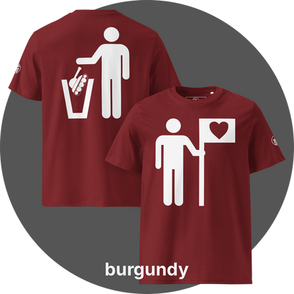 UN4RT burgundy organic cotton t-shirt shown from the front and back, front features a large white pictogram of a person holding a flag with a black heart on a white background, back features a large white pictogram of a person dropping a military tank into a white trash can, small circular UN4RT logo visible on both left sleeves.