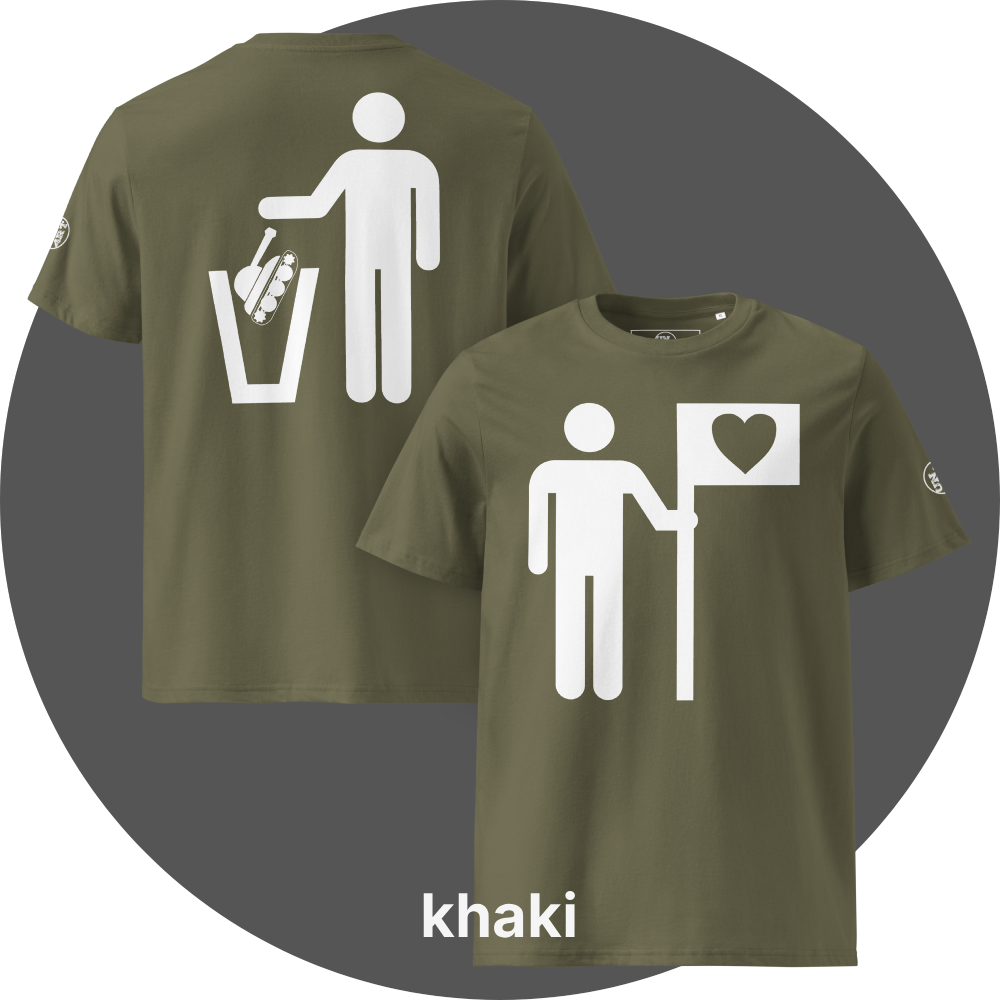 UN4RT khaki organic cotton t-shirt shown from the front and back, front features a large white pictogram of a person holding a flag with a black heart on a white background, back features a large white pictogram of a person dropping a military tank into a white trash can, small circular UN4RT logo visible on both left sleeves.