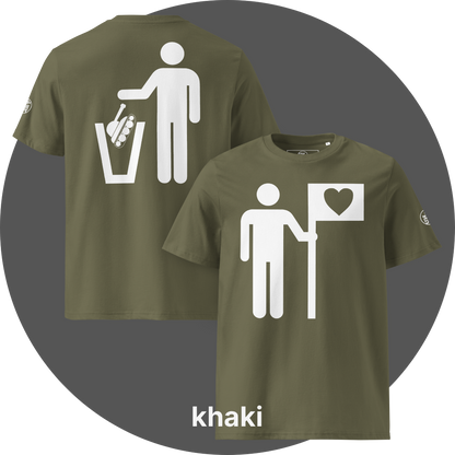UN4RT khaki organic cotton t-shirt shown from the front and back, front features a large white pictogram of a person holding a flag with a black heart on a white background, back features a large white pictogram of a person dropping a military tank into a white trash can, small circular UN4RT logo visible on both left sleeves.