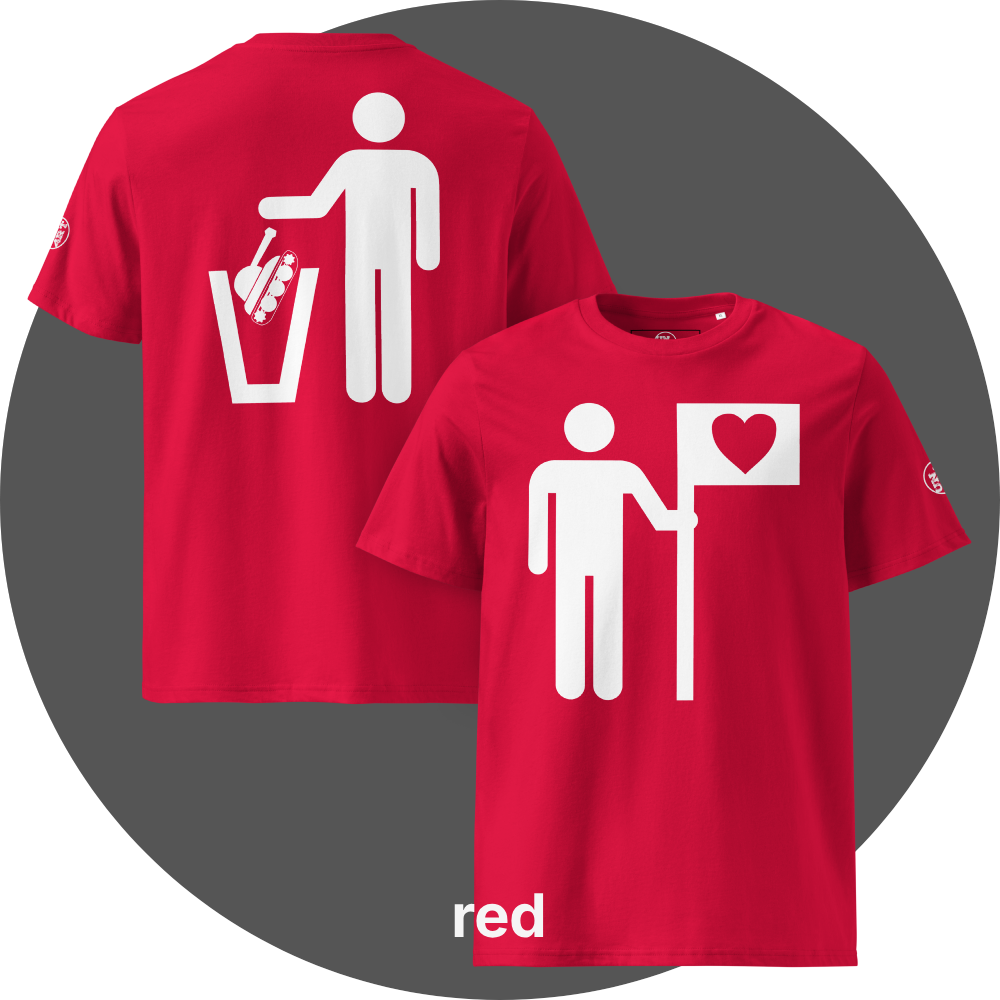 UN4RT red organic cotton t-shirt shown from the front and back, front features a large white pictogram of a person holding a flag with a black heart on a white background, back features a large white pictogram of a person dropping a military tank into a white trash can, small circular UN4RT logo visible on both left sleeves.