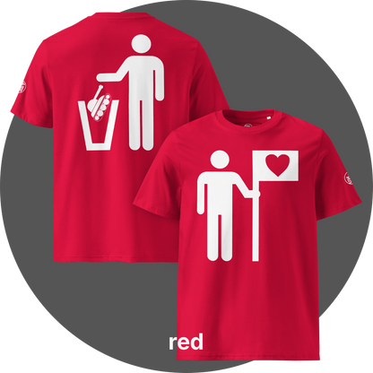 UN4RT red organic cotton t-shirt shown from the front and back, front features a large white pictogram of a person holding a flag with a black heart on a white background, back features a large white pictogram of a person dropping a military tank into a white trash can, small circular UN4RT logo visible on both left sleeves.