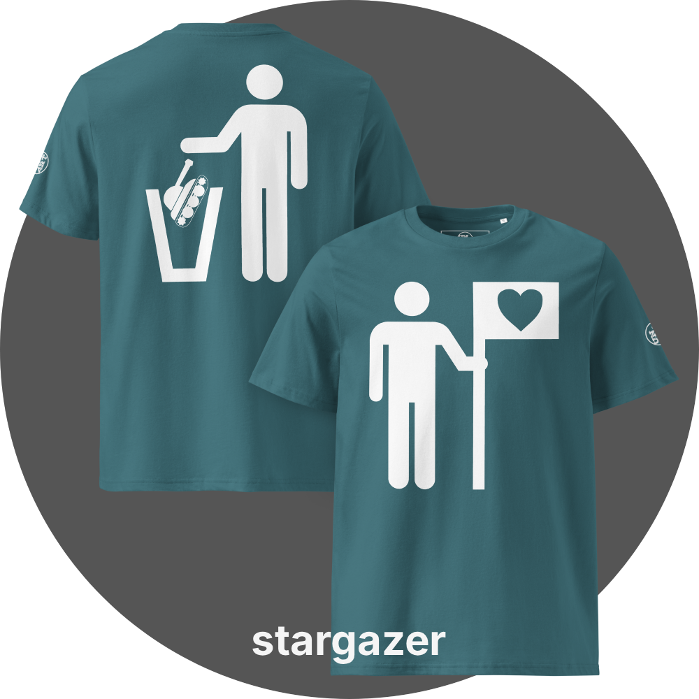 UN4RT teal organic cotton t-shirt shown from the front and back, front features a large white pictogram of a person holding a flag with a black heart on a white background, back features a large white pictogram of a person dropping a military tank into a white trash can, small circular UN4RT logo visible on both left sleeves.