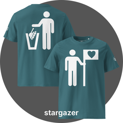 UN4RT teal organic cotton t-shirt shown from the front and back, front features a large white pictogram of a person holding a flag with a black heart on a white background, back features a large white pictogram of a person dropping a military tank into a white trash can, small circular UN4RT logo visible on both left sleeves.