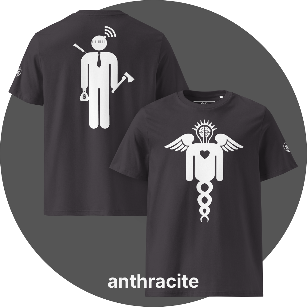 UN4RT anthracite organic cotton t-shirt shown from the front and back, front features a large white winged caduceus-style figure with angel wings, a glowing brain in a lightbulb shape at the top, a heart in the center, and a double helix dna strand below, back features a large white stylized stick figure wearing a tie with a barcode face, wifi signal above the head, a syringe on the left, a money bag with dollar sign in one hand, and an axe in the other hand, small UN4RT logo on the left sleeves.