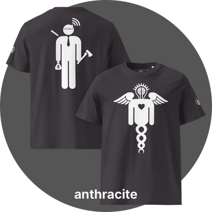 UN4RT anthracite organic cotton t-shirt shown from the front and back, front features a large white winged caduceus-style figure with angel wings, a glowing brain in a lightbulb shape at the top, a heart in the center, and a double helix dna strand below, back features a large white stylized stick figure wearing a tie with a barcode face, wifi signal above the head, a syringe on the left, a money bag with dollar sign in one hand, and an axe in the other hand, small UN4RT logo on the left sleeves.