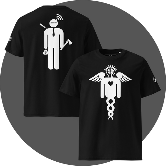 UN4RT black organic cotton t-shirt shown from the front and back, front features a large white winged caduceus-style figure with angel wings, a glowing brain in a lightbulb shape at the top, a heart in the center, and a double helix dna strand below, back features a large white stylized stick figure with a barcode face, wifi signal above the head, a syringe on the left, a money bag with dollar sign in one hand, and an axe in the other hand, small circular brand logo visible on both left sleeves.