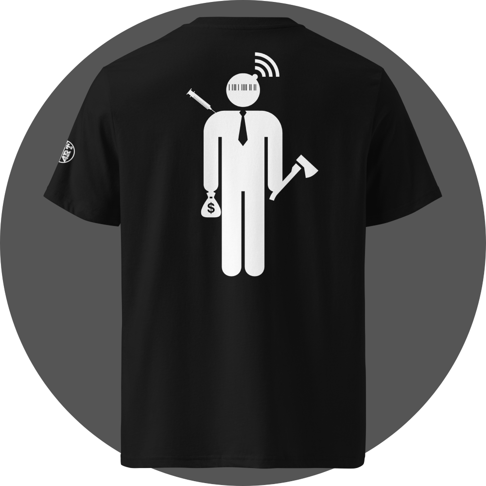 UN4RT black organic cotton t-shirt shown from the back, featuring a large white stylized stick figure with a barcode face, wifi signal above the head, a syringe on the left side, a money bag with dollar sign in the left hand, and an axe in the right hand, small circular brand logo visible on the left sleeve.