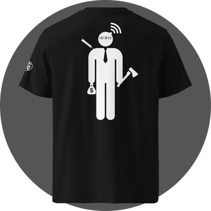 UN4RT black organic cotton t-shirt shown from the back, featuring a large white stylized stick figure with a barcode face, wifi signal above the head, a syringe on the left side, a money bag with dollar sign in the left hand, and an axe in the right hand, small circular brand logo visible on the left sleeve.