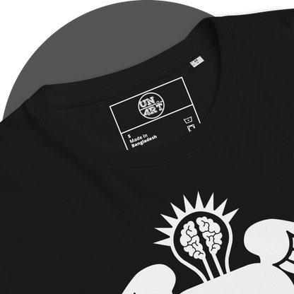 UN4RT black organic cotton t-shirt close-up detail of the inner neck area, showing the UN4RT brand label printed in white with logo inside a rectangular border. care instruction symbols including a wash and dry clean symbol, with the upper portion of the glowing brain in a lightbulb artwork partially visible below.