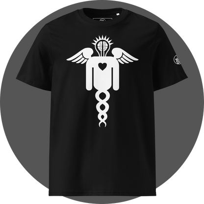 UN4RT black organic cotton t-shirt shown from the front, featuring a large white winged caduceus-style figure with angel wings, a glowing brain in a lightbulb shape at the top, a heart in the center, and a double helix dna strand below, small circular brand logo on the left sleeve.