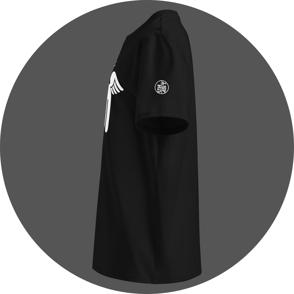 UN4RT black organic cotton t-shirt shown from the left side. partially visible design showing the upper portion of a white winged caduceus-style figure with angel wings and a glowing brain in a lightbulb shape partially visible on the front, small circular brand logo printed on the left sleeve.