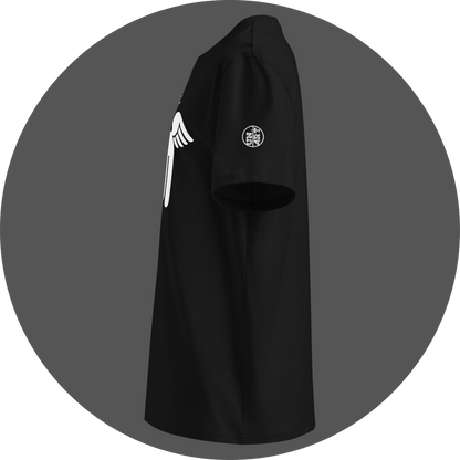 UN4RT black organic cotton t-shirt shown from the left side. partially visible design showing the upper portion of a white winged caduceus-style figure with angel wings and a glowing brain in a lightbulb shape partially visible on the front, small circular brand logo printed on the left sleeve.