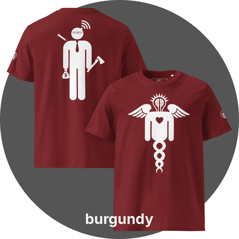 UN4RT burgundy organic cotton t-shirt shown from the front and back, front features a large white winged caduceus-style figure with angel wings, a glowing brain in a lightbulb shape at the top, a heart in the center, and a double helix dna strand below, back features a large white stylized stick figure wearing a tie with a barcode face, wifi signal above the head, a syringe on the left, a money bag with dollar sign in one hand, and an axe in the other hand, small UN4RT logo on the left sleeves.
