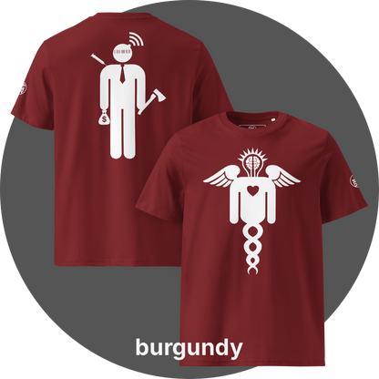 UN4RT burgundy organic cotton t-shirt shown from the front and back, front features a large white winged caduceus-style figure with angel wings, a glowing brain in a lightbulb shape at the top, a heart in the center, and a double helix dna strand below, back features a large white stylized stick figure wearing a tie with a barcode face, wifi signal above the head, a syringe on the left, a money bag with dollar sign in one hand, and an axe in the other hand, small UN4RT logo on the left sleeves.