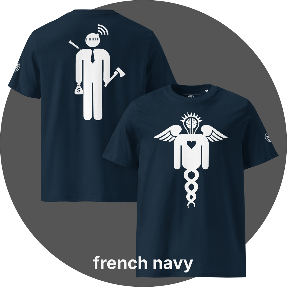 UN4RT french navy organic cotton t-shirt shown from the front and back, front features a large white winged caduceus-style figure with angel wings, a glowing brain in a lightbulb shape at the top, a heart in the center, and a double helix dna strand below, back features a large white stylized stick figure wearing a tie with a barcode face, wifi signal above the head, a syringe on the left, a money bag with dollar sign in one hand, and an axe in the other hand, small UN4RT logo on the left sleeves.
