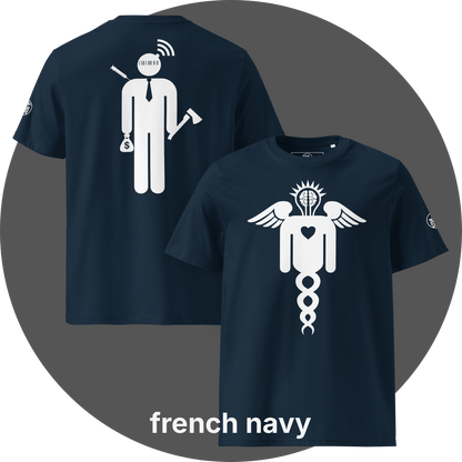 UN4RT french navy organic cotton t-shirt shown from the front and back, front features a large white winged caduceus-style figure with angel wings, a glowing brain in a lightbulb shape at the top, a heart in the center, and a double helix dna strand below, back features a large white stylized stick figure wearing a tie with a barcode face, wifi signal above the head, a syringe on the left, a money bag with dollar sign in one hand, and an axe in the other hand, small UN4RT logo on the left sleeves.