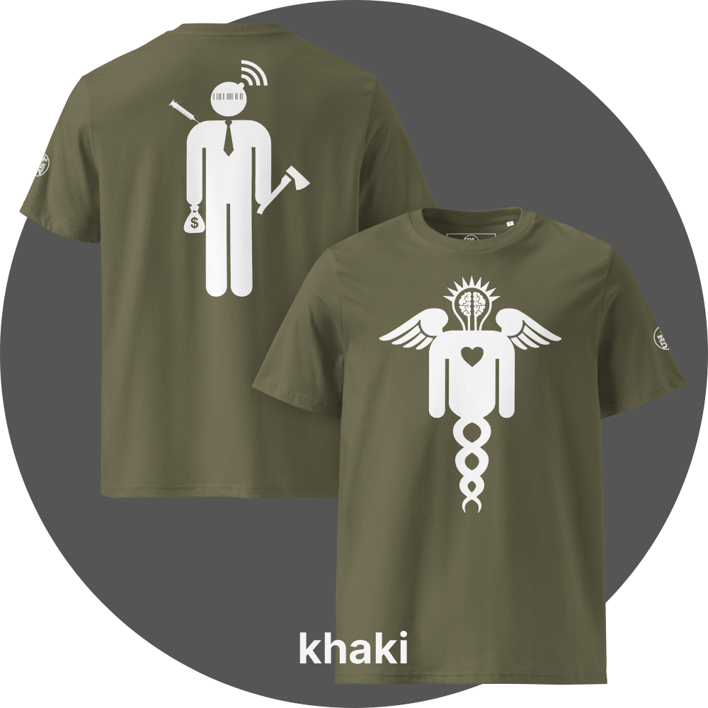 UN4RT khaki organic cotton t-shirt shown from the front and back, front features a large white winged caduceus-style figure with angel wings, a glowing brain in a lightbulb shape at the top, a heart in the center, and a double helix dna strand below, back features a large white stylized stick figure wearing a tie with a barcode face, wifi signal above the head, a syringe on the left, a money bag with dollar sign in one hand, and an axe in the other hand, small UN4RT logo on the left sleeves.