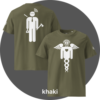 UN4RT khaki organic cotton t-shirt shown from the front and back, front features a large white winged caduceus-style figure with angel wings, a glowing brain in a lightbulb shape at the top, a heart in the center, and a double helix dna strand below, back features a large white stylized stick figure wearing a tie with a barcode face, wifi signal above the head, a syringe on the left, a money bag with dollar sign in one hand, and an axe in the other hand, small UN4RT logo on the left sleeves.