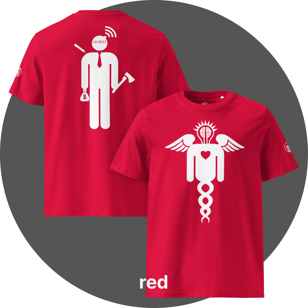UN4RT red organic cotton t-shirt shown from the front and back, front features a large white winged caduceus-style figure with angel wings, a glowing brain in a lightbulb shape at the top, a heart in the center, and a double helix dna strand below, back features a large white stylized stick figure wearing a tie with a barcode face, wifi signal above the head, a syringe on the left, a money bag with dollar sign in one hand, and an axe in the other hand, small UN4RT logo on the left sleeves.