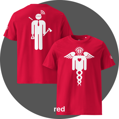 UN4RT red organic cotton t-shirt shown from the front and back, front features a large white winged caduceus-style figure with angel wings, a glowing brain in a lightbulb shape at the top, a heart in the center, and a double helix dna strand below, back features a large white stylized stick figure wearing a tie with a barcode face, wifi signal above the head, a syringe on the left, a money bag with dollar sign in one hand, and an axe in the other hand, small UN4RT logo on the left sleeves.