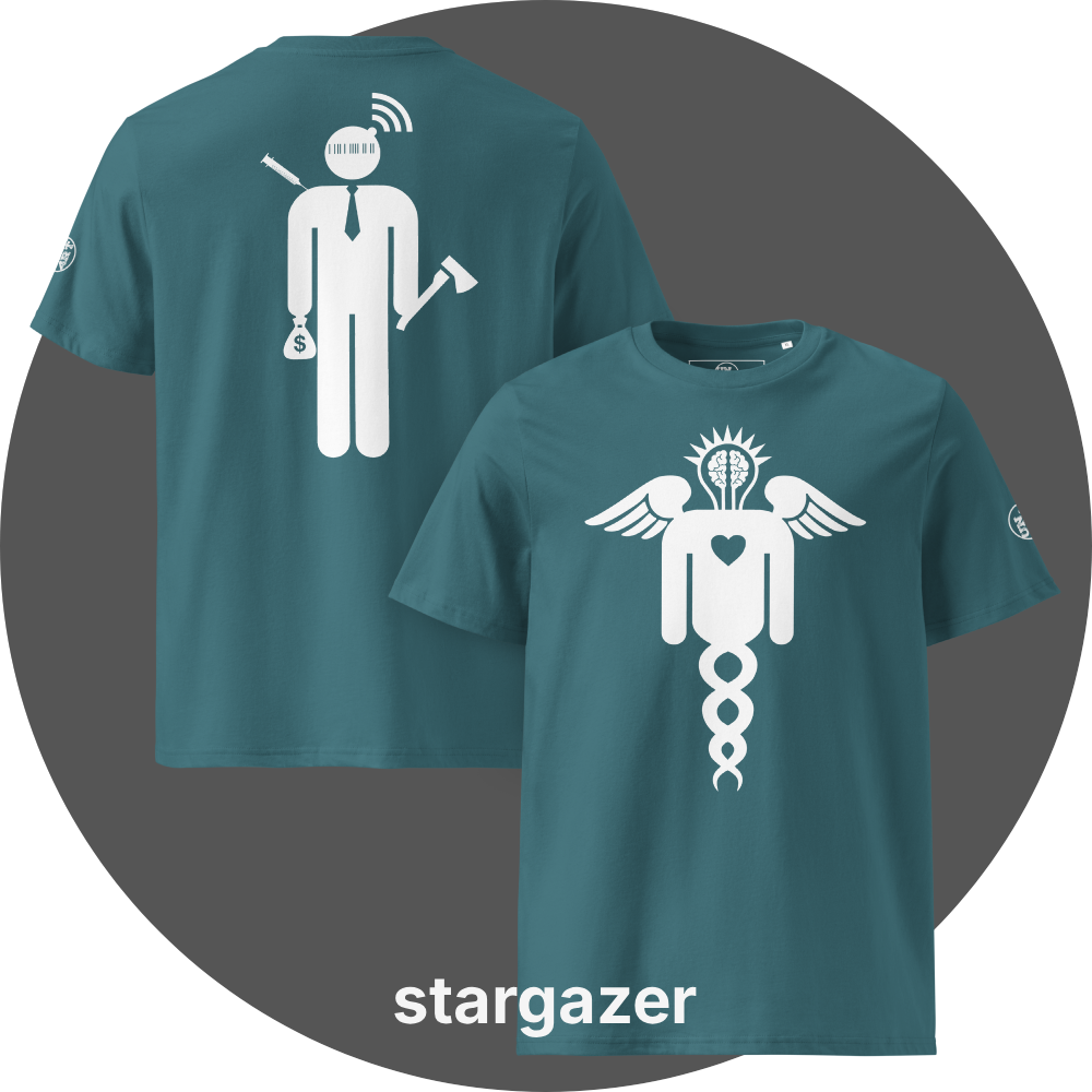UN4RT teal organic cotton t-shirt shown from the front and back, front features a large white winged caduceus-style figure with angel wings, a glowing brain in a lightbulb shape at the top, a heart in the center, and a double helix dna strand below, back features a large white stylized stick figure wearing a tie with a barcode face, wifi signal above the head, a syringe on the left, a money bag with dollar sign in one hand, and an axe in the other hand, small UN4RT logo on the left sleeves.