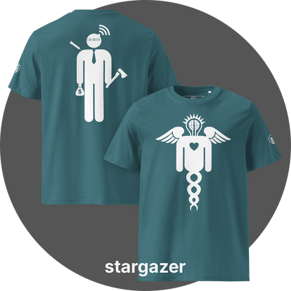 UN4RT teal organic cotton t-shirt shown from the front and back, front features a large white winged caduceus-style figure with angel wings, a glowing brain in a lightbulb shape at the top, a heart in the center, and a double helix dna strand below, back features a large white stylized stick figure wearing a tie with a barcode face, wifi signal above the head, a syringe on the left, a money bag with dollar sign in one hand, and an axe in the other hand, small UN4RT logo on the left sleeves.