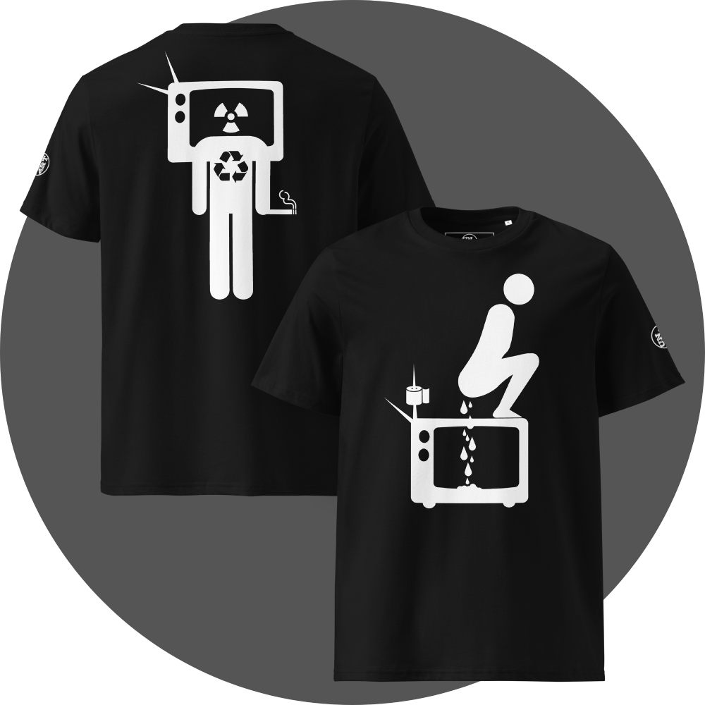 UN4RT black organic cotton t-shirt shown from the front and back, front features a large white pictogram of a squatting person defecating onto a vintage television set with a toilet paper roll and antenna beside it, drops falling onto the screen, back features a large white stick figure with a vintage television as a head displaying a radiation hazard symbol, a recycling symbol on the chest, and a cigarette in one hand, small circular UN4RT logo visible on both left sleeves.