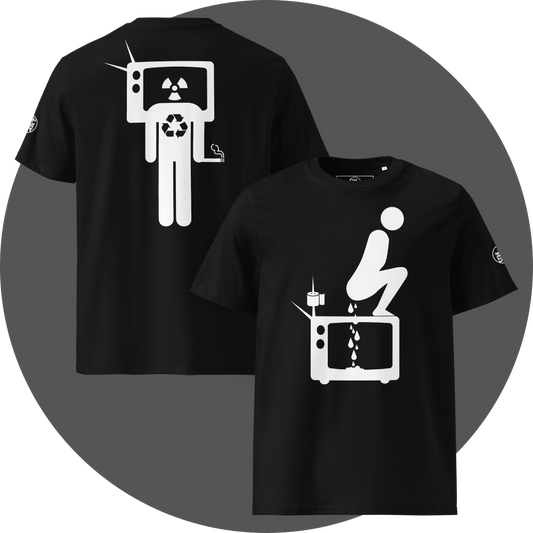 UN4RT black organic cotton t-shirt shown from the front and back, front features a large white pictogram of a squatting person defecating onto a vintage television set with a toilet paper roll and antenna beside it, drops falling onto the screen, back features a large white stick figure with a vintage television as a head displaying a radiation hazard symbol, a recycling symbol on the chest, and a cigarette in one hand, small circular UN4RT logo visible on both left sleeves.