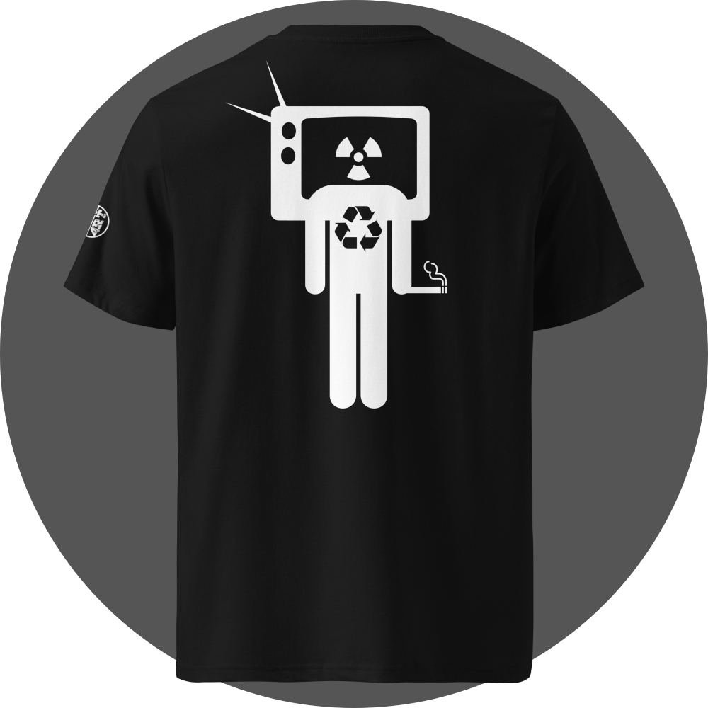 UN4RT black organic cotton t-shirt shown from the back, featuring a large white stick figure with a vintage television as a head displaying a radiation hazard symbol, a recycling symbol on the chest, and a cigarette in one hand, small circular brand logo visible on the left sleeve.