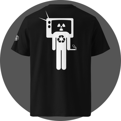 UN4RT black organic cotton t-shirt shown from the back, featuring a large white stick figure with a vintage television as a head displaying a radiation hazard symbol, a recycling symbol on the chest, and a cigarette in one hand, small circular brand logo visible on the left sleeve.