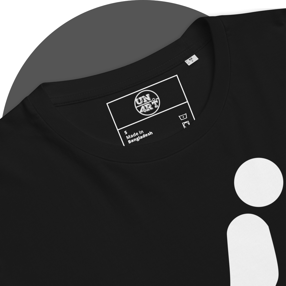 UN4RT black organic cotton t-shirt close-up detail of the inner neck area, showing the UN4RT brand label printed in white inside a rectangular border. care instruction symbols and the upper portion of the squatting person pictogram partially visible below.
