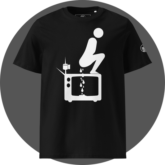 UN4RT black organic cotton t-shirt shown from the front, featuring a large white pictogram of a squatting person defecating onto a vintage television set with a toilet paper roll and antenna beside it, drops falling onto the screen, small circular brand logo on the left sleeve.
