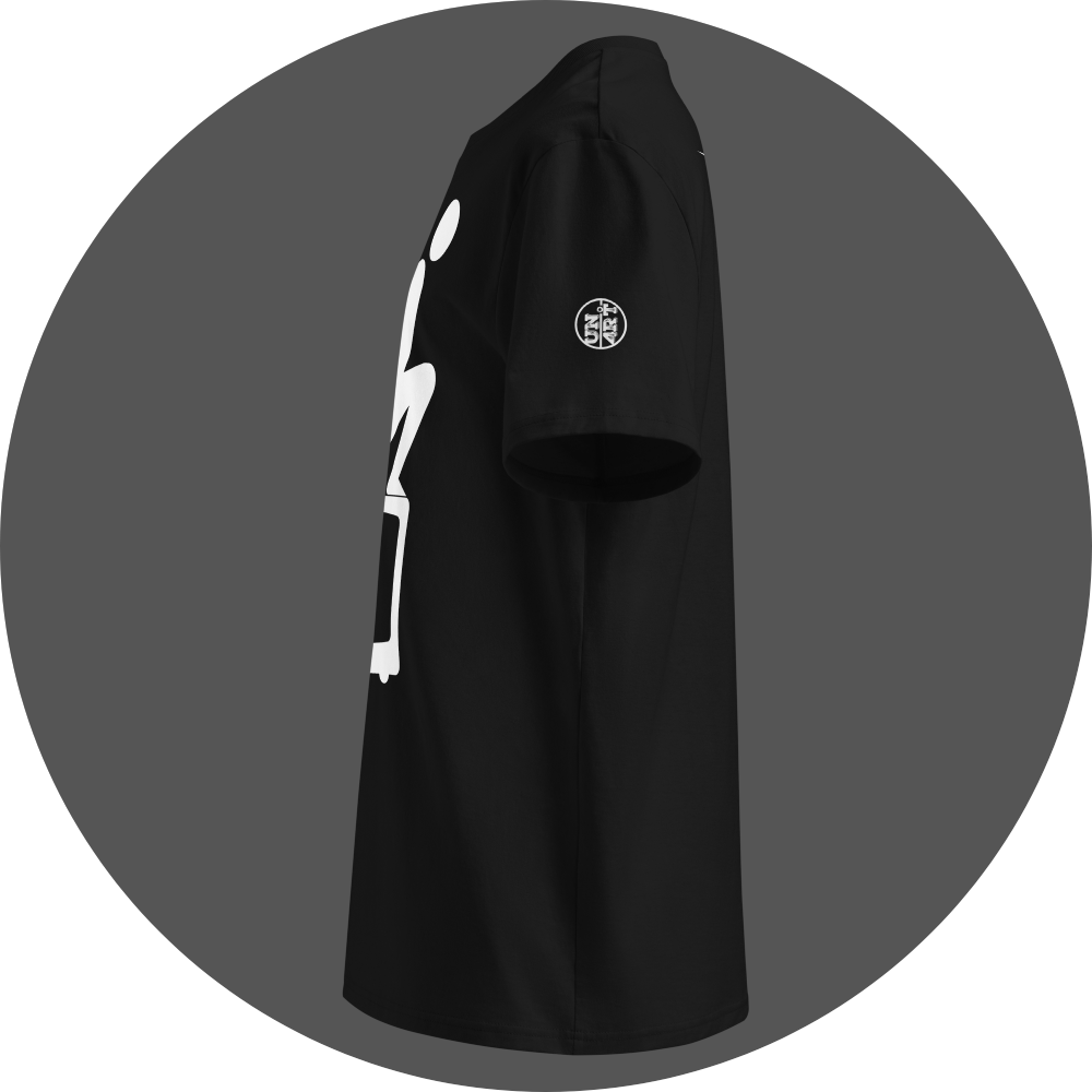 UN4RT black organic cotton t-shirt shown from the left side, featuring the squatting person pictogram above a vintage television set partially visible on the front, small circular brand logo printed on the left sleeve.