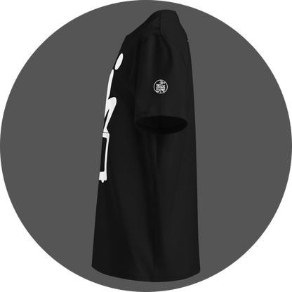 UN4RT black organic cotton t-shirt shown from the left side, featuring the squatting person pictogram above a vintage television set partially visible on the front, small circular brand logo printed on the left sleeve.