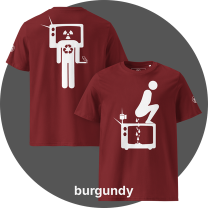 UN4RT burgundy organic cotton t-shirt shown from the front and back, front features a large white pictogram of a squatting person defecating onto a vintage television set with a toilet paper roll and antenna beside it, drops falling onto the screen, back features a large white stick figure with a vintage television as a head displaying a radiation hazard symbol, a recycling symbol on the chest, and a cigarette in one hand, small circular UN4RT logo visible on both left sleeves.