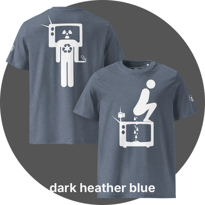 UN4RT dark heather blue organic cotton t-shirt shown from the front and back, front features a large white pictogram of a squatting person defecating onto a vintage television set with a toilet paper roll and antenna beside it, drops falling onto the screen, back features a large white stick figure with a vintage television as a head displaying a radiation hazard symbol, a recycling symbol on the chest, and a cigarette in one hand, small circular UN4RT logo visible on both left sleeves.